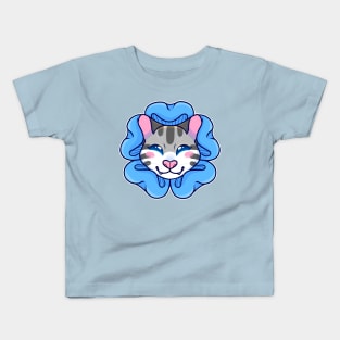 Striped Cat with Blue Flower Kids T-Shirt